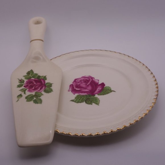 The Harker Pottery Co 22 KT. GOLD Rose Pattern 6inch Plate & Matching Pie Server - Picture 1 of 14